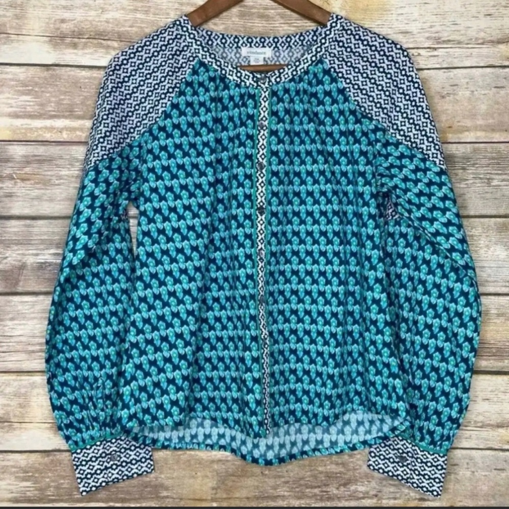 Sundance Turquoise Cotton Print Top Button Front Long Sleeve